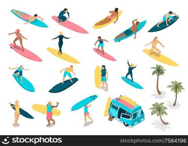 Surfing isometric icons set with experienced riders techniques beginners camper bus for surfboards palms isolated vector illustration. Surfing Isometric Set