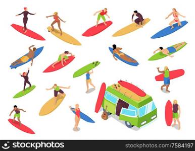 Surfing isometric icons set with woman riders drop knee techniques beginners camper bus surfboards isolated vector illustration. Surfing Isometric Set