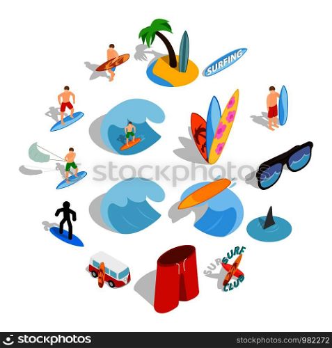 Surfing isons set in isometric 3d style isolated on white background. Surfing isons set, isometric 3d style