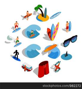 Surfing isons set in isometric 3d style isolated on white background. Surfing isons set, isometric 3d style