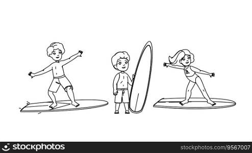 surfing kid vector. surfboard wave, surf beach, ocean surfer, sea sport, board young surfing kid character. people black line illustration. surfing kid vector