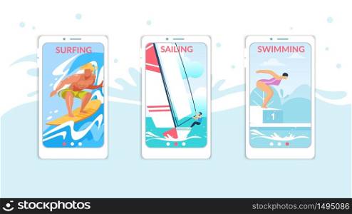 Surfing, Sailing, Swimming Mobile App Page Onboard Screen Set for Website, Summer Time Water Sport Activities, Healthy Lifestyle, Leisure, Summertime Sports Courses. Cartoon Flat Vector Illustration. Surfing, Sailing, Swimming Mobile App Pages Set