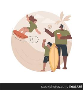 Surfing school abstract concept vector illustration. Surfing week program for children, safe spot, certified instructor, surfboard and wetsuit rental, school camp accommodation abstract metaphor.. Surfing school abstract concept vector illustration.