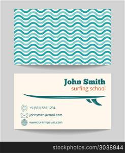 Surfing school business card template. Surfing school business card template with ocean and sea waves, vector illustration