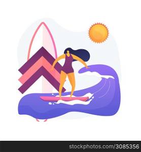 Surfing school student. Water sport, individual training, summer recreation. Young girl learning to balance on surfboard. Female surfer riding wave. Vector isolated concept metaphor illustration. Surfing school vector concept metaphor