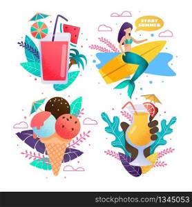 Surfing Season Opening and Beach Bar Menu Set. Different Fresh Cocktails in Glass and Coconut, Juice and lemonade. Magic Mermaid Character Swim on Surfboard. Vector Cartoon Flat Illustration. Surfing Season Opening and Beach Bar Menu Set
