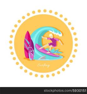 Surfing sport icon flat design. Water summer sea recreation, surfer and surfboard, vacation and leisure, ocean wave, holiday and extreme, outdoor activity tourism illustration