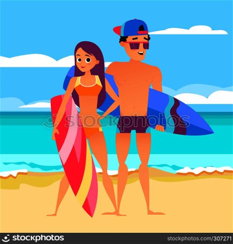 Surfing summer vacation, Guy with a girl on the beach holding their surfboards. Summer beach, man and woman travel surfboard illustration. Surfing summer vacation, Guy with a girl on the beach holding their surfboards