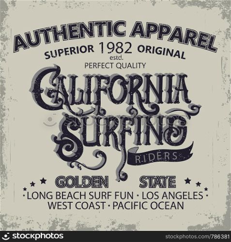 Surfing t-shirt graphic design. Hand lettering California surfers wear typography emblem. Creative design. Vector . Surfing t-shirt graphic design