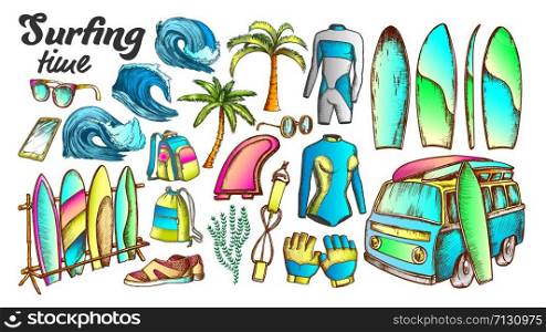 Surfing Time Collection Elements Ink Set Vector. Surfboard And Surfing Swimming Suit, Palms And Ocean Waves, Van And Smartphone. Engraving Template Designed In Vintage Style Color Illustrations. Surfing Time Collection Elements Color Set Vector