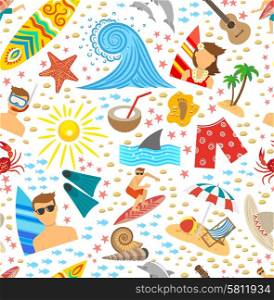 Surfing vacation and tropical beach symbols seamless pattern vector illustration. Surfing Seamless Pattern
