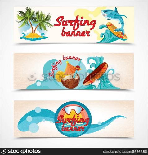 Surfing water sport tropical vacation banners set vector illustration.