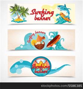 Surfing water sport tropical vacation banners set vector illustration.