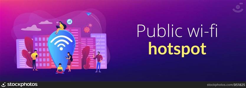 Surfing web, browsing through websites. Free internet, network. Public wi-fi hotspot, free wireless internet access, free wifi service concept. Header or footer banner template with copy space.. Public wi-fi hotspot concept banner header
