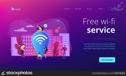 Surfing web, browsing through websites. Free internet, network. Public wi-fi hotspot, free wireless internet access, free wifi service concept. Website homepage landing web page template.. Public wi-fi hotspot concept landing page