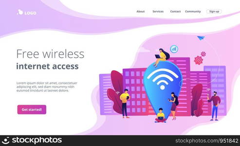 Surfing web, browsing through websites. Free internet, network. Public wi-fi hotspot, free wireless internet access, free wifi service concept. Website homepage landing web page template.. Public wi-fi hotspot concept landing page