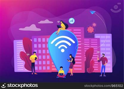 Surfing web, browsing through websites. Free internet, network. Public wi-fi hotspot, free wireless internet access, free wifi service concept. Bright vibrant violet vector isolated illustration. Public wi-fi hotspot concept vector illustration