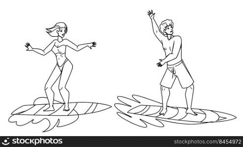 Surfing Young Man And Woman Togetherness Vector. Happy Boy And Girl Surfers Surfing On Ocean Waves. Characters Enjoying And Exercising Extremal Sport On Surfboard black line illustration. Surfing Young Man And Woman Togetherness Vector