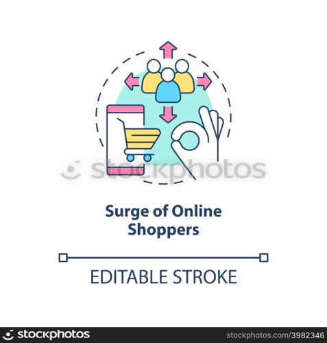 Surge of online shoppers concept icon. E-commerce success. Retail strategy trends abstract idea thin line illustration. Isolated outline drawing. Editable stroke. Arial, Myriad Pro-Bold fonts used. Surge of online shoppers concept icon