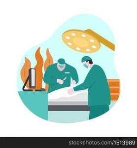 Surgeon Doctor Performing Surgery on patient in Operating Room Flat Design Illustration