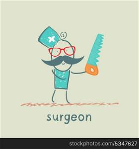 Surgeon holding a saw