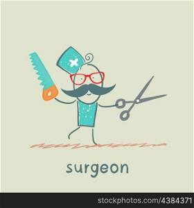 Surgeon holding a saw and scissors