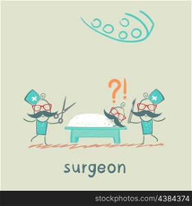surgeon holding a scalpel and scissors and stands near the patient, who is lying on the operating table