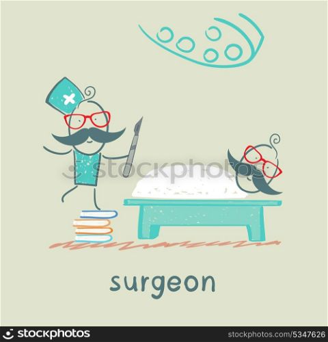 surgeon holding a scalpel and stands on a pile of books next to a patient who is lying on the operating table