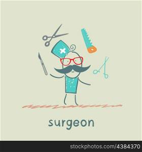Surgeon juggles work tools