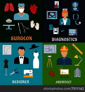 Surgeon, medical laboratory assistant, tailor and architect professions flat icons with surgery, medical diagnostics, clothing design and construction industry symbols. Medicine, design and construction professions