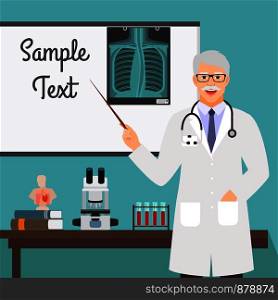 Surgeon medical specialists with radiology on stand, vector illustration. Surgeon with radiology on stand