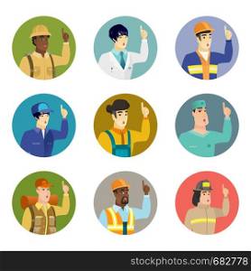 Surgeon pointing with his finger. Avatar of csucasian surgeon pointing finger up. Surgeon with finger pointing up. Set of vector flat design illustrations in the circle isolated on white background.. Vector set of characters of different professions.