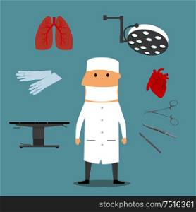 Surgeon profession and medical objects with doctor in scrubs and mask, operation table and lamp, gloves, human heart and lung, scalpel and forceps around. Surgeon profession and medical objects