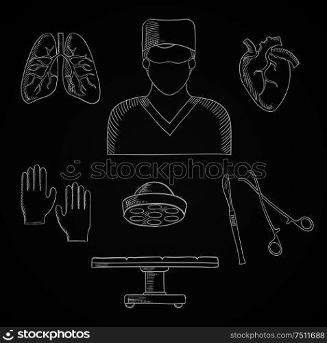 Surgeon profession chalk icons with doctor, operation table and lamp, gloves, human heart and lung, scalpel and forceps. Surgeon profession, toos and human organs