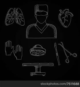 Surgeon profession chalk icons with doctor, operation table and lamp, gloves, human heart and lung, scalpel and forceps. Surgeon profession, toos and human organs