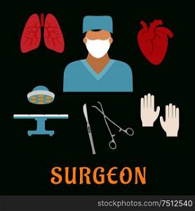 Surgeon profession flat icons with doctor wearing in blue scrubs and mask, with operation table and lamp, gloves, human heart and lung, scalpel and forceps around. Surgeon profession with flat icons