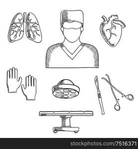 Surgeon profession objects and icons with doctor in mask, with operation table and lamp, gloves, human heart and lung, scalpel and forceps. Surgeon profession objects and icons