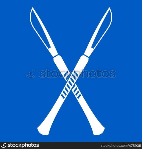 Surgeon scalpels icon white isolated on blue background vector illustration. Surgeon scalpels icon white