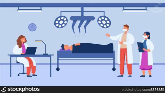 Surgeon using surgical robot for operation on cartoon patient. Robotic surgery, hospital with innovative equipment flat vector illustration. Health, technology concept for banner or landing web page