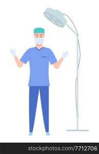 Surgeon works in operating room. Medical staff in hospital. Man stands under a surgical lamp on white background. Doctor is wearing professional uniform. Clinic equipment, surgery preparation. Surgeon works in operating room. Medical staff in hospital. Man stands under a surgical lamp