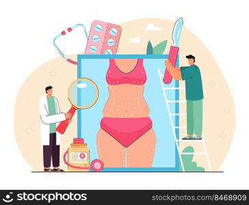 Surgeons examining human body before bariatric surgery. Weight reduction in breasts, belly, thighs flat vector illustration. Liposuction, beauty concept for banner, website design or landing web page