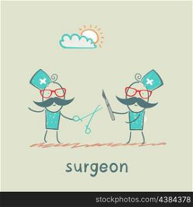 Surgeons hold a scalpel and scissors