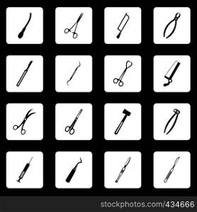 Surgeons tools icons set in white squares on black background simple style vector illustration. Surgeons tools icons set squares vector