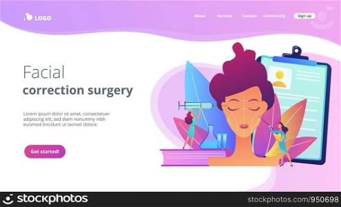 Surgeons with syringe doing facial contouring surgery to woman. Facial contouring, medical face sculpting, facial correction surgery concept. Website vibrant violet landing web page template.. Facial contouring concept landing page.