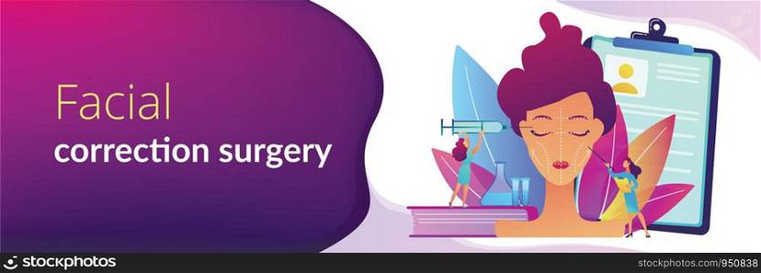 Surgeons with syringe doing facial contouring surgery to woman. Facial contouring, medical face sculpting, facial correction surgery concept. Header or footer banner template with copy space.. Facial contouring concept banner header.