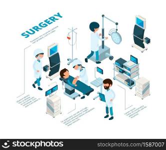 Surgeries isometric. Medical staff surgeons work emergency therapy procedures healthcare room doctors making operation patient vector. Illustration of surgeon operation, healthcare patient. Surgeries isometric. Medical staff surgeons work emergency therapy procedures healthcare room doctors making operation patient vector