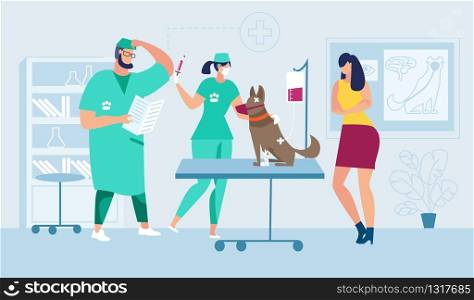 Surgery for Injured Dog in Veterinary Clinic Flat Vector. Medics Team Preparing to Surgical Intervention, Doctor Reading Patients Medical Card, Nurse Holding Syringe, Worried Pet Owner Waiting Beside