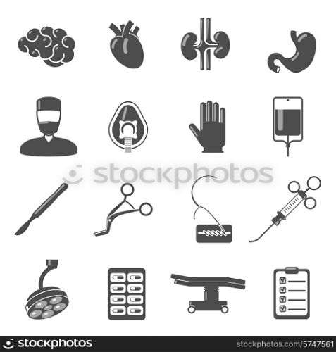 Surgery icons black set with brain blood stomach scalpel isolated vector illustration