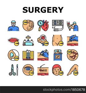 Surgery Medicine Clinic Operation Icons Set Vector. Lips And Facial Plastic Surgery, Liposuction And Implant Beauty Procedure Line. Health Treatment Preocessing Color Illustrations. Surgery Medicine Clinic Operation Icons Set Vector
