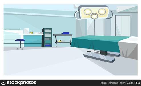 Surgery room with operating table with vector illustration. Modern operating room with lamp and counters. Hospital concept. Surgery room with operating table with vector illustration
